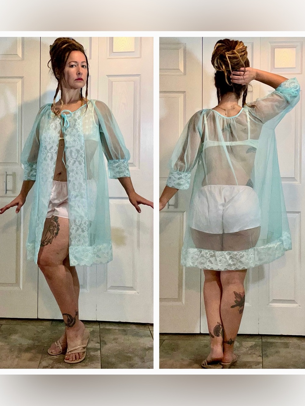 Vintage Sheer Dreamy Aqua Blue Boudoir Short Open Front Robe Lingerie